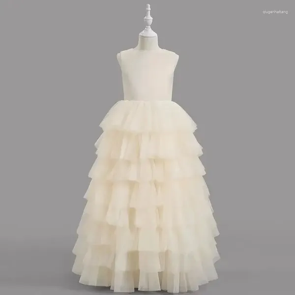 Vestidos de menina simples vestido de flor para casamento em camadas tule fofo sem mangas arco crianças princesa festa de aniversário usar vestidos de primeira comunhão