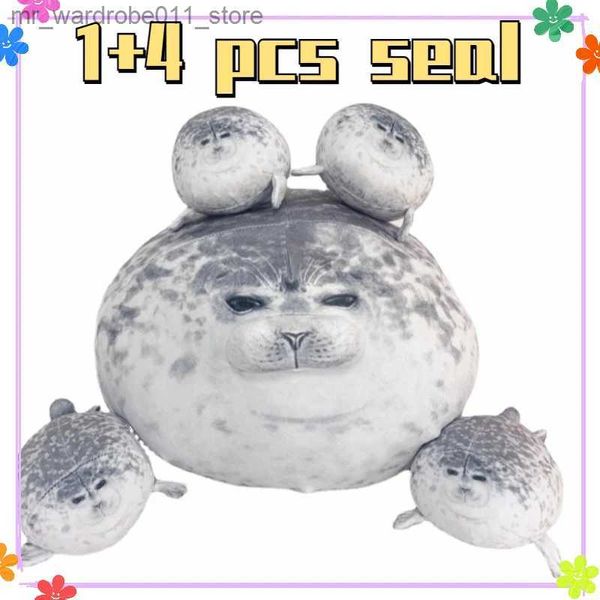 Bambole di peluche Madre Angry Blob Seal con 4 pezzi Baby Seal Peluche Cuscino Chubby 3D Novità Sigillo Cerniera Peluche ripiene Ragazze Regalo di Natale Q231215