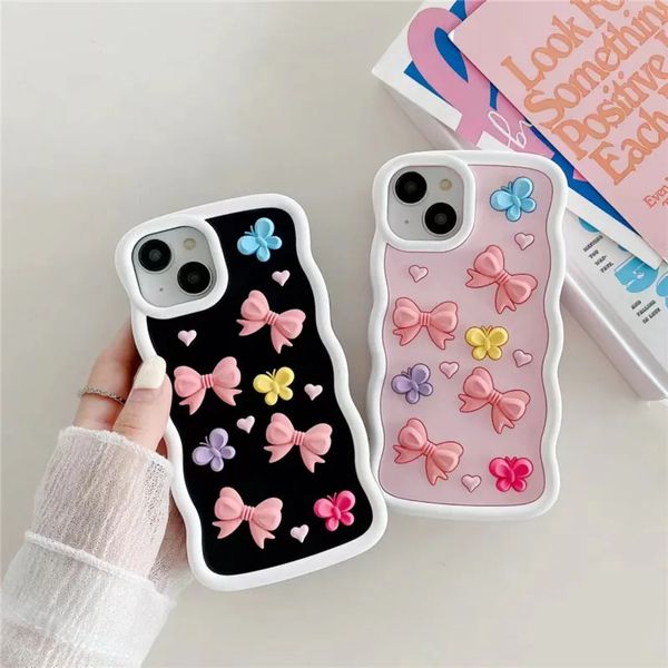 Koreli şeker rengi sevimli bowknot pembe kılıfları iPhone 15 14 12 i11 13 Pro Max 14pro kız hediyesi yumuşak silikon lüks telefon arka kapak kılıfı 1pc