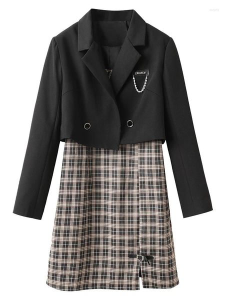 Vestidos de trabalho 2023 primavera outono blazers ternos roupas femininas vintage xadrez suspender vestido preto blazer jaquetas conjuntos de duas peças d1930