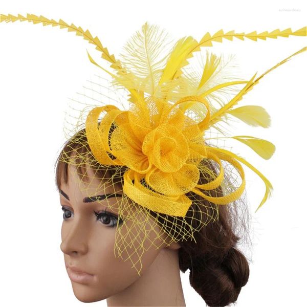 Vintage Gold Sinamay Base Fascinator Copricapo Occasione Veli da sposa rossi Accessori per capelli Derby Cappello da cocktail di modisteria in piume