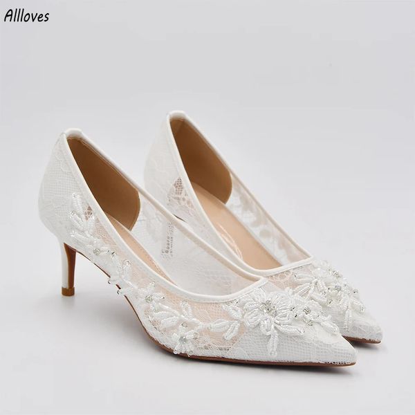 Sapatos de noiva delicados de renda para casamento, bico ponteagudo, salto alto, moda feminina, baile, sapatos de casamento, branco, 6 cm/10 cm, sapatos de salto CL3072