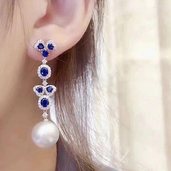 Pendientes colgantes MeiBaPJ 10-11 mm Perlas de arroz blanco natural Piedras azules Gota larga Plata 925 Bandeja vacía Joyería de boda fina para mujeres