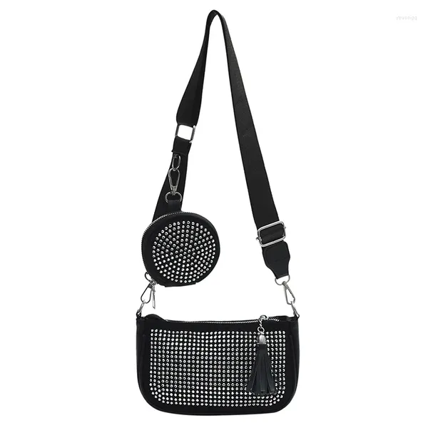 Borse da sera Donna Borsa a tracolla piccola punk scuro Personalizzata Strass Nappe Cerniera Borsa a tracolla femminile nera con custodia per chiave per cuffie