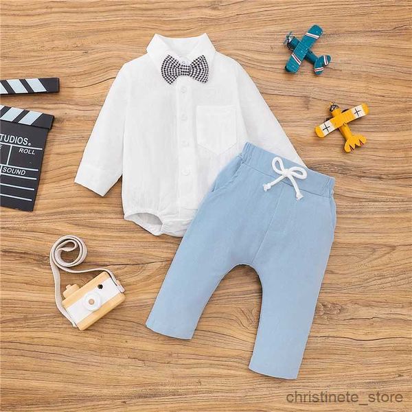 Kleidungssets Baby-Jungen 2-teiliges Gentleman-Outfit Einfarbiges Revers Langarmhemden Strampler mit karierter Fliege + elastische Taillenhose Set R231215