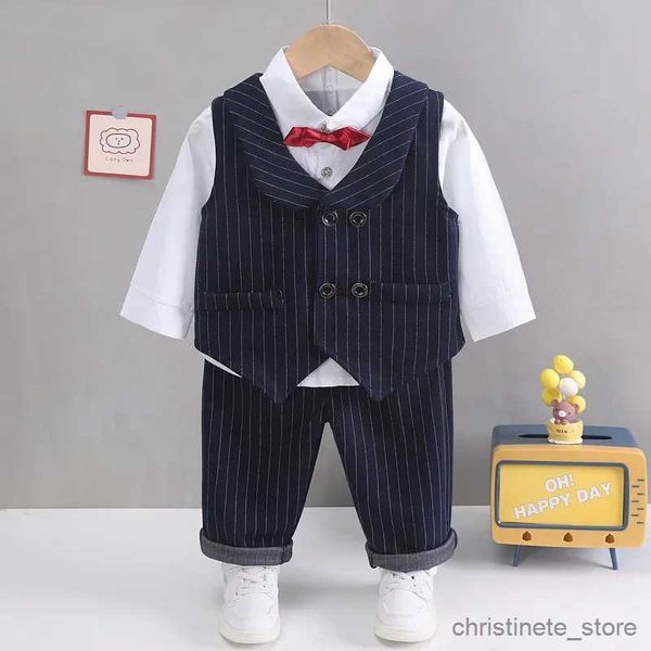 Conjuntos de roupas 2023 novas crianças cor sólida xadrez cavalheiro terno conjunto menino gravata camisa calças três peças conjunto infantil bebê vestido formal R231215