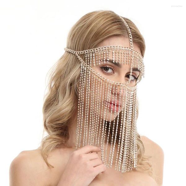 Fermagli per capelli Gioielli vintage Strass Nappa Maschera Catena Decorazione Viso per le donne Veli Matrimonio Perline di cristallo Festa di Natale