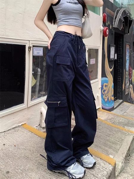 Calças femininas estilo coreano carga mulheres y2k vintage cordão marinho azul calças oversized streetwear retro perna larga sweatpants