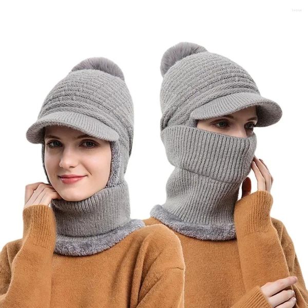 Beralar Entegre Şapka ve Boyun Eşarp Şeritli Örme Setleri Moda Kış Sıcak Bisiklet Beanie Unisex Polar Kürk Pom Poms Kayak Kapağı