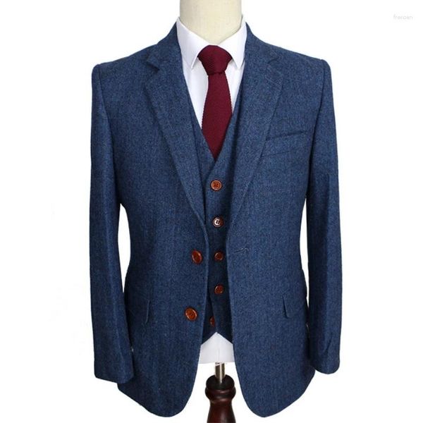 Herrenanzüge Blau Herringbone Retro Gentleman Klassischer Stil Maßgeschneiderter Herrenanzug Blazer für 3-teilige Jacke Hose Weste