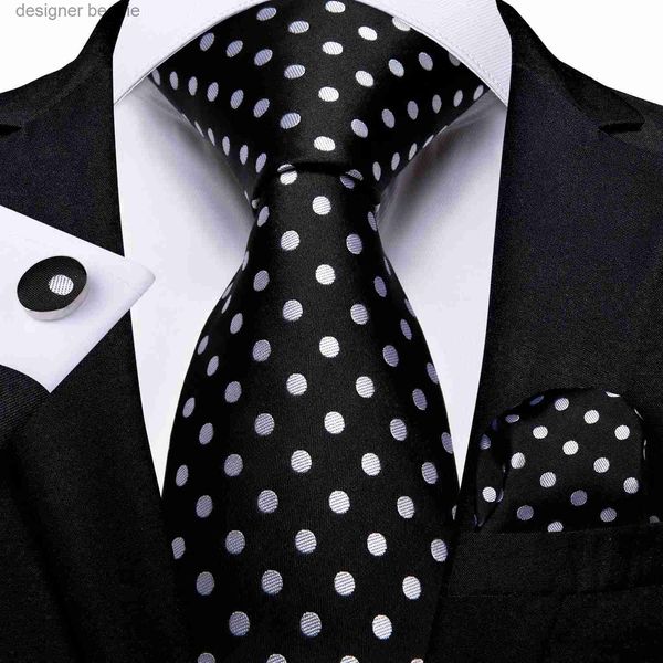 Gravatas de pescoço branco ponto preto gravatas de seda para homens negócios casamento 8cm gravata masculina bolso quadrado abotoaduras masculino accessoreis giftl231215