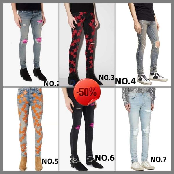 Sconto di Natale 50 di scontoJeans Distressed Strappato Skinny Uomo Motocicletta Moto Off Cotone Piedi sottili High Street Denim Azzurro Pasta Panno Taglia 40 Pantaloni Hip Hop