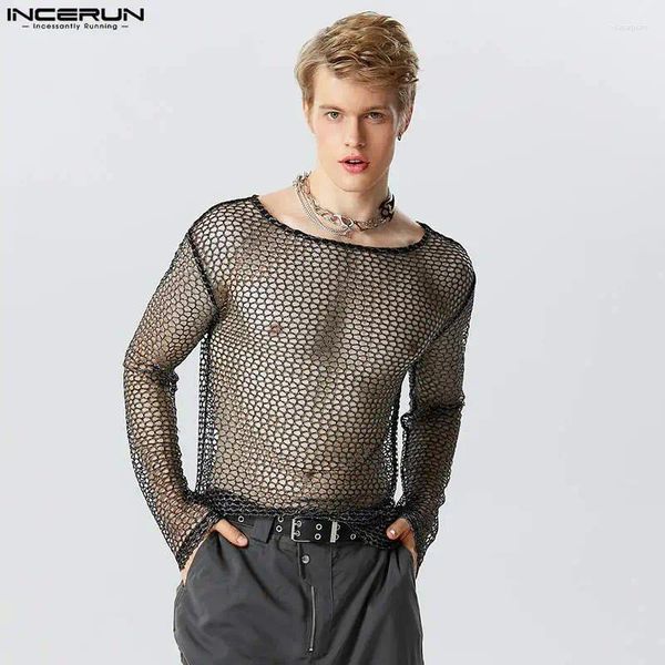 Homens camisetas Moda Clubwear Estilo Tops Incerun Homens Sexy Tecido Brilhante Camisetas Casuais Malha Transparente Fina Manga Longa S-5XL 2023