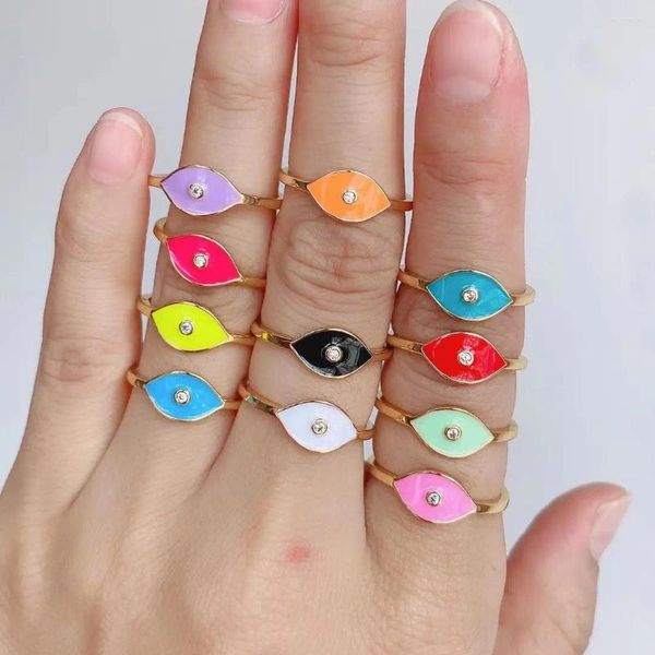 Anéis de cluster 10 pcs minimalista fino banhado a ouro esmalte arco-íris aberto anel ajustável micro pave cz olho diariamente para meninas senhoras 2023