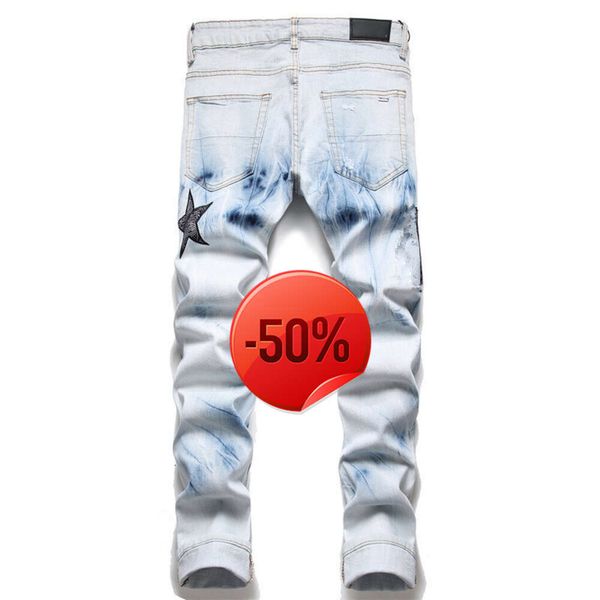 Desconto de Natal ~ 50 off ~ Jeans mens designer jeans para calças homem branco preto rock revival biker calças pant buraco quebrado bordado hip hop denim carta pantalones