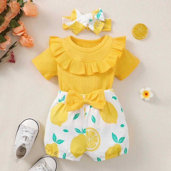 Set di abbigliamento Vestiti per neonate per bambini Top estivo a maniche corte solido + pantaloncini stampati al limone 2 pezzi Set vestiti di moda per neonati