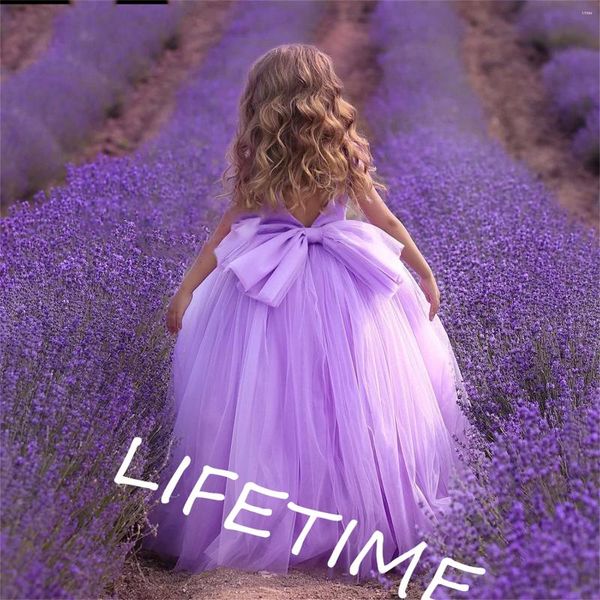 Vestidos da menina lilás vestido de princesa tule inchado aniversário bonito flor arco pequeno vestido de festa do bebê primeira comunhão