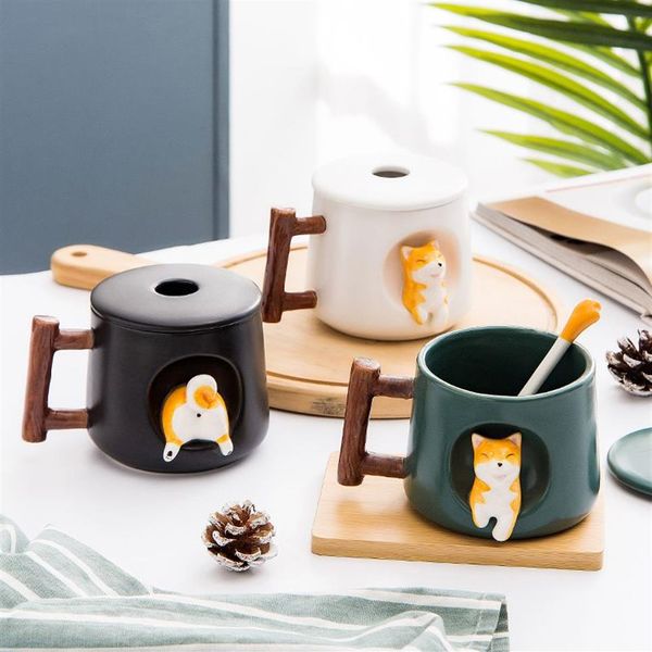 Creativo carino fatto a mano Shiba Inu Tazza con coperchio Cucchiaio Tazze per cani in ceramica Tazza personalizzata per caffè Tè Stoviglie da cucina Regalo d'amore L291P