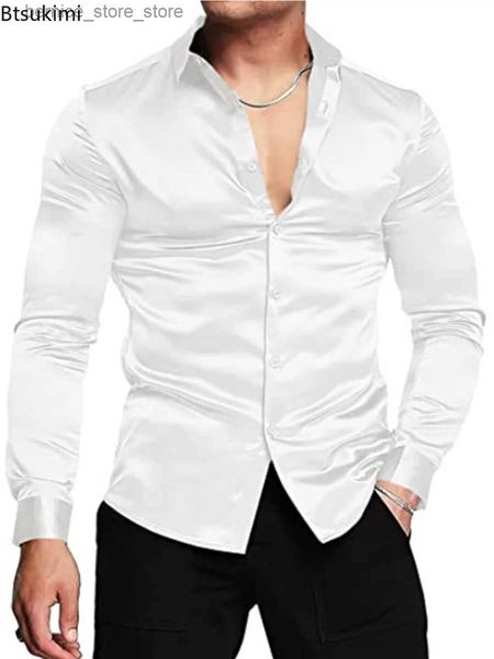 Polos masculinos venda quente masculino luxuoso brilhante seda cetim vestido camisa de manga comprida casual magro músculo botão para baixo camisa masculina plus size S-3XL Q231215