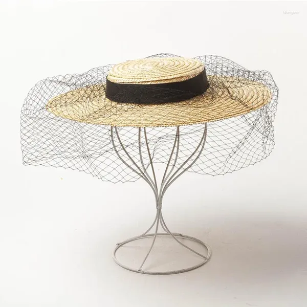 Cappello di paglia da donna di altezza corta con nastri neri Mini clip per copricapo superiori Creazione artigianale di fasce per capelli per modisteria