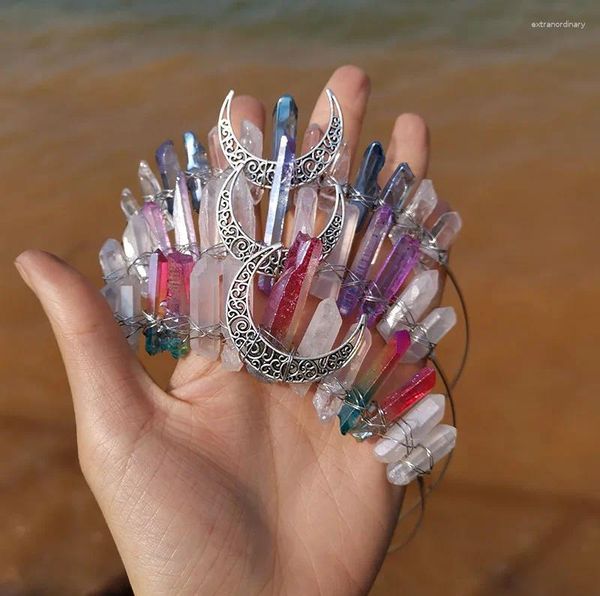 Gioielli da sposa in cristallo naturale Tiara Mezzaluna Accessori per capelli antichi fatti a mano con corona da strega
