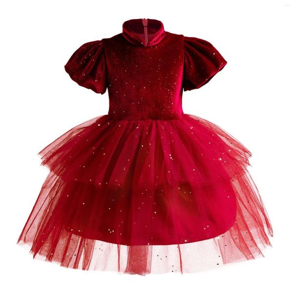 Ragazza vestito per bambini abito da matrimonio qipao in piedi da colletto femminile di velluto rosso abbigliamento natalizio