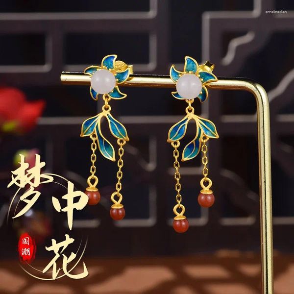 Orecchini pendenti Moda stile cinese Vintage Argento 925 naturale Uno smalto di giada Fiore da sogno per le donne Festa Hanfu Regalo di nozze