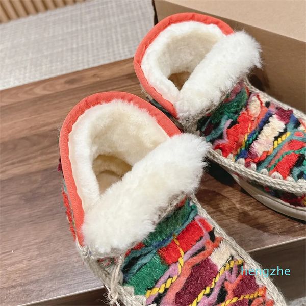 Designer botas de neve mulheres bota inverno artesanal crochê lã fio pele neve meio joelho curto senhora chinelos e bota de lã