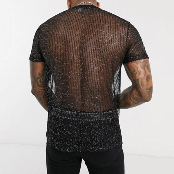 T-shirt da uomo Camicia da uomo See Through Paillettes Maglia lucida Canottiera sexy Manica corta Casual Sheer Club Top Camicetta trasparente