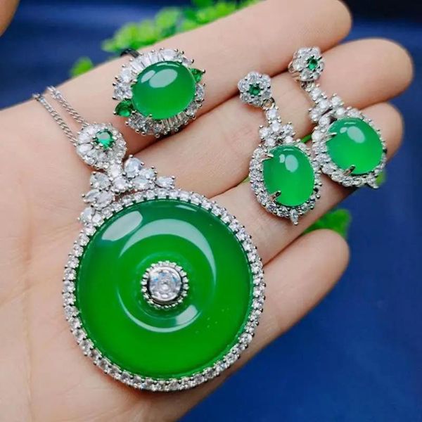 Set Collana di giada verde naturale Orecchini Anello Set di gioielli Donna Ciondoli genuini di crisoprasio Ciondolo rotondo Calcedonio Amuleto Regali