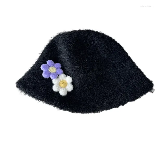 Berets Mulheres Inverno Fuzzy Bucket Chapéu 3D Floral Moda Ao Ar Livre Pelúcia Pesca Gota