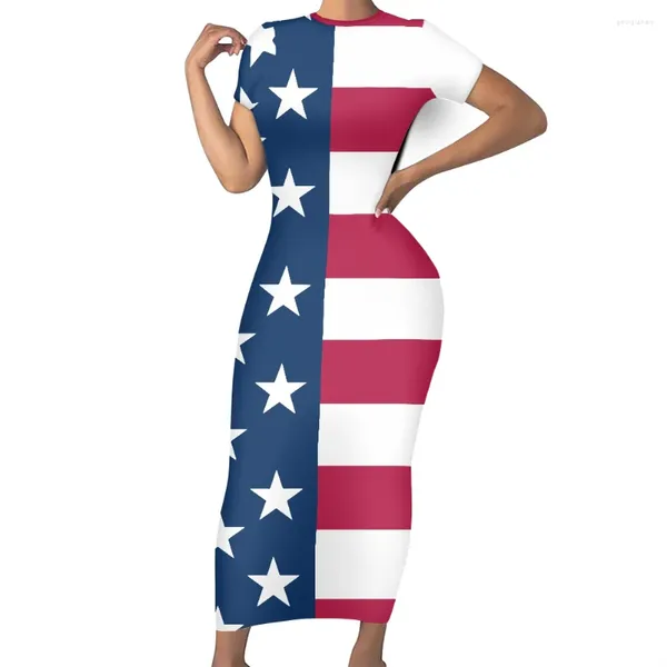 Partykleider Casual Damen 2023 Summe Die Flagge Druck Mädchen Weibliche Kleidung Rundhals Kurzarm Damen