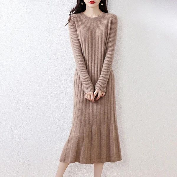 Повседневные платья 2023, модный зимний кашемировый вязаный свитер из чистой шерсти с круглым вырезом, женский стандартный трикотаж с длинным рукавом