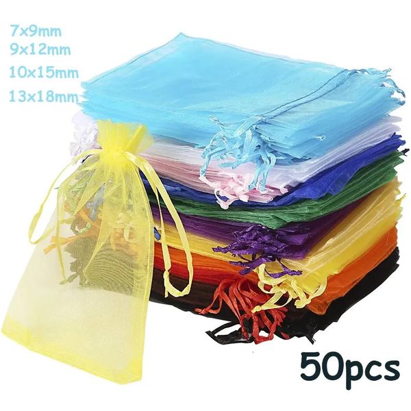 İzleme Kutuları Kılıflar Toptan 50 PCS Lot Ayarlanabilir Organza Çantası 5x7cm 7x9cm 9x12cm 10x15cm Drawstring Müce