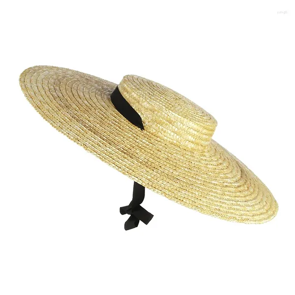 Berets Damen Bast-Bootshut mit breiter Krempe, 12/15/18 cm, flacher Strohhut für den Sommer mit weißer, schwarzer Bandbindung, Sonnenstrandkappe