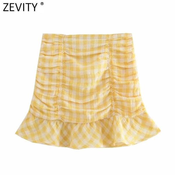 Vestidos Zevity Mulheres Moda Amarelo Xadrez Impressão Hem Ruffles Casual Slim Saia Plissada Faldas Mujer Femme Side Zipper Chic Vestido Qun846