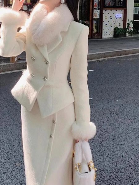 Duas peças vestido high end branco blazer saia terno para mulheres elegante 2 peça conjunto duplo breasted punhos de pele casaco botão irregular midi 231215