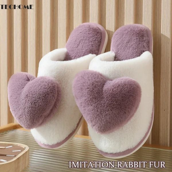 Pantoufles Techome Femmes Tongs Imitation Fourrure De Lapin Chaud Pour L'hiver Satin Diapositives Femelle Intérieur Mignon Coeur Maison En Peluche 231216