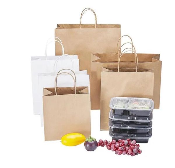 Atacado marrom kraft sacos de compras saco de papel com alças sacos de presente embalagem reciclável reutilizável sacos kraft bolsas de casamento