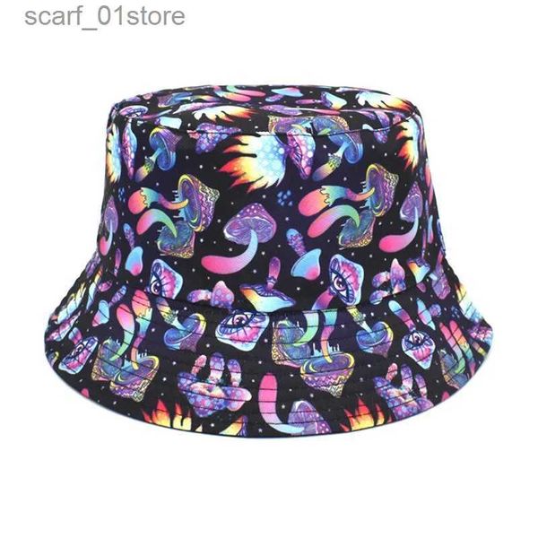 Cappelli a tesa larga Cappelli a secchiello 2022 Nuovi cappelli a secchiello con stampa shroom Donna europea e americana da uomo Cappello a doppia faccia con protezione solare Cappello da bacino reversibileL231216