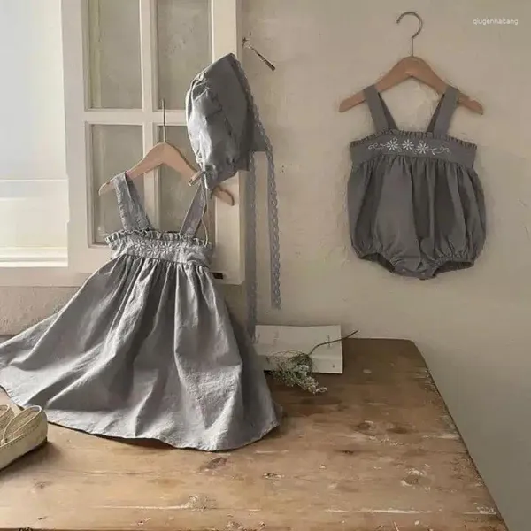Vestidos de menina 2023 verão bebê moda fina bordado flor suspensórios vestido de princesa crianças algodão solto boutique halter