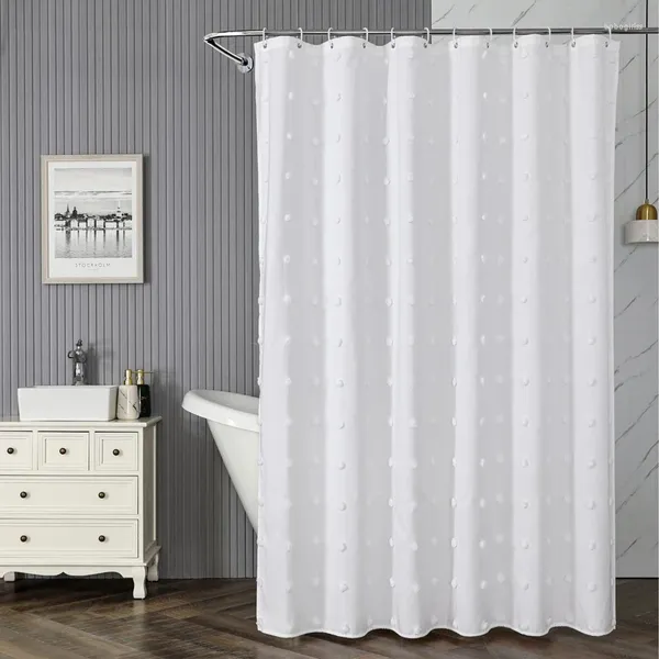 Tende da doccia Tenda Boho bianca Tessuto moderno da fattoria con puntini trapuntati Pompon Decorativo morbido impermeabile per il bagno senza rughe