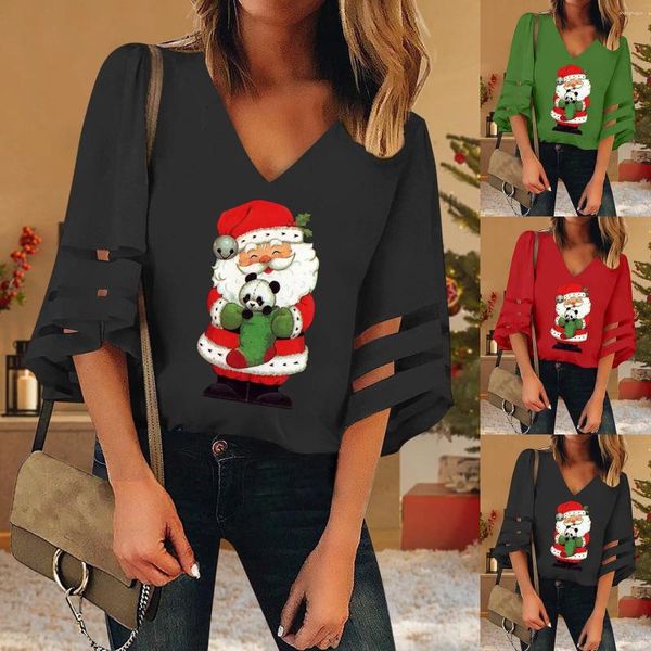 Blusas femininas elegantes casual camisa superior com decote em v malha trompete meia manga natal tops moda blusa