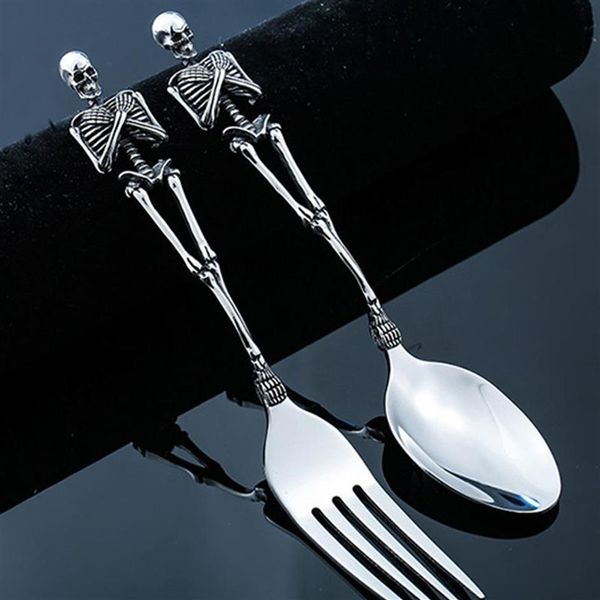 Titan Stahl Skelett Schädel Gabel Löffel Geschirr Vintage Esstisch Besteck Besteck Set Metall Handwerk Halloween Party Geschenke T2284S