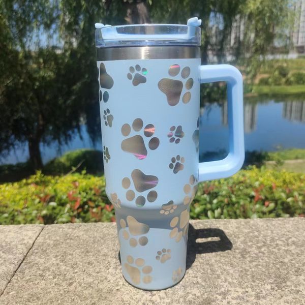 Bunte Designer-Becher, 40-Unzen-Becher, Laser-Haustier-Design, Edelstahl mit Logo-Griff, Deckel, Strohbecher, Wasserflasche, Outdoor-Campingbecher