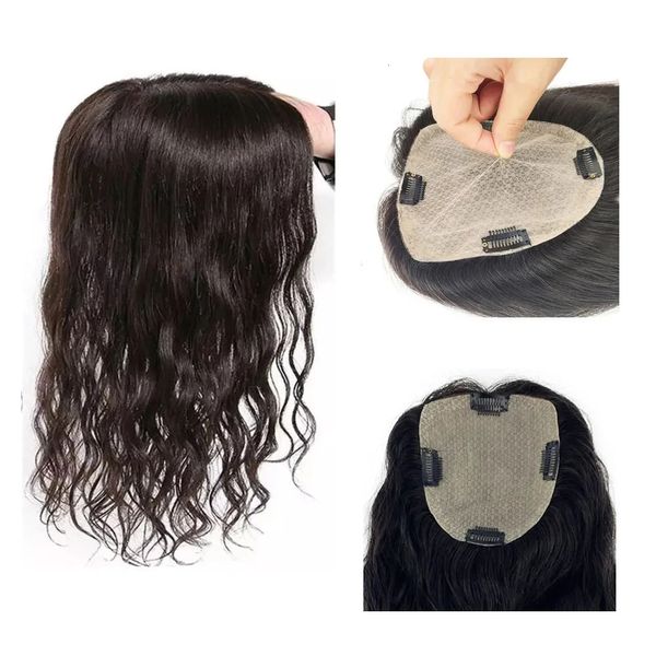 Perucas sintéticas Virgin European Hair Top com pele inferior 15x15cm e 4 clipes ondulados soltos adequados para seda tátil respirável feminina 231215