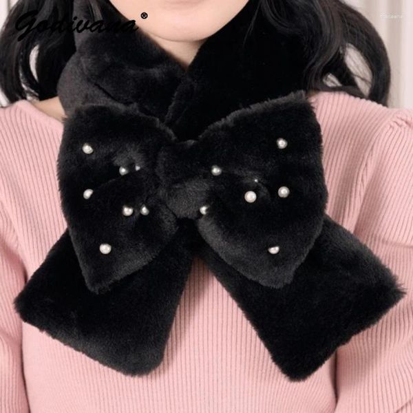 Eşarplar lolita yay atkı Japon tarzı kış kadınlar inci boncuklu peluş taklit kürk sevimli kız sıcak boyunchief