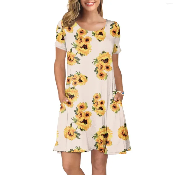 Lässige Kleider für Damen, Sommer, kurzärmelig, Sonnenblumen-bedruckte Taschen, Sommerkleid, Swing-Kleid