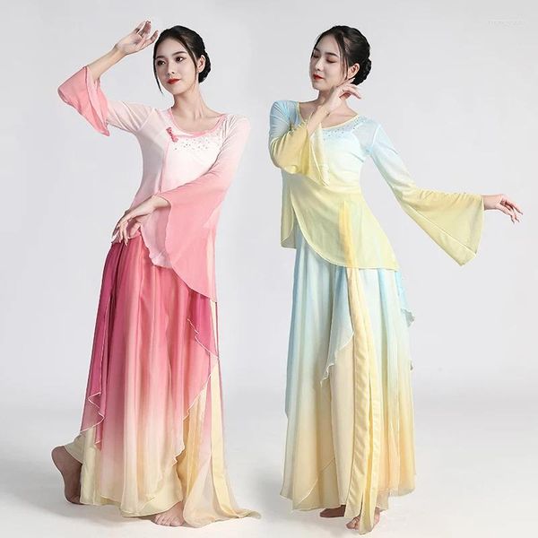 Stage Wear Tradicional Trajes de Dança Chinesa Folk Mudança Gradual Chiffon Vestido Seet