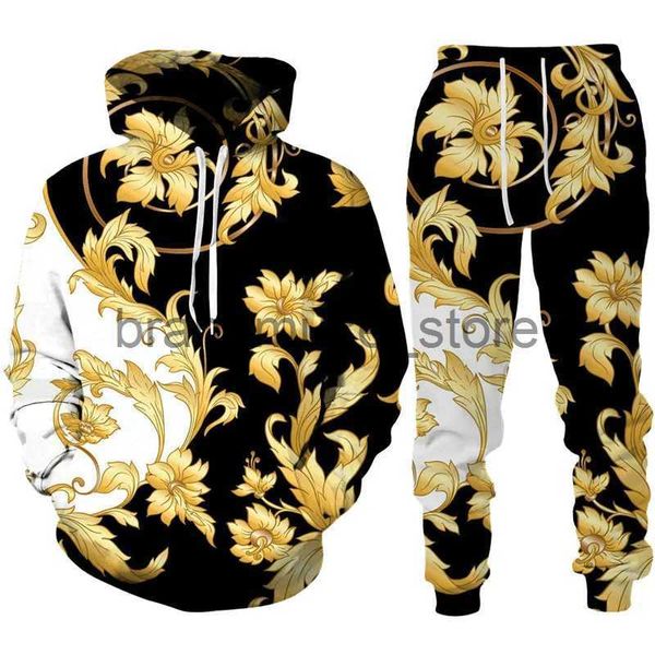 Damen Zweiteilige Hose Frühling Herbst Damen Golden Floral 3D-gedruckter Hoodie/Trainingsanzug Lässiges Sweatshirt und Hose Set Mode Herren Damen Sportanzug J231216